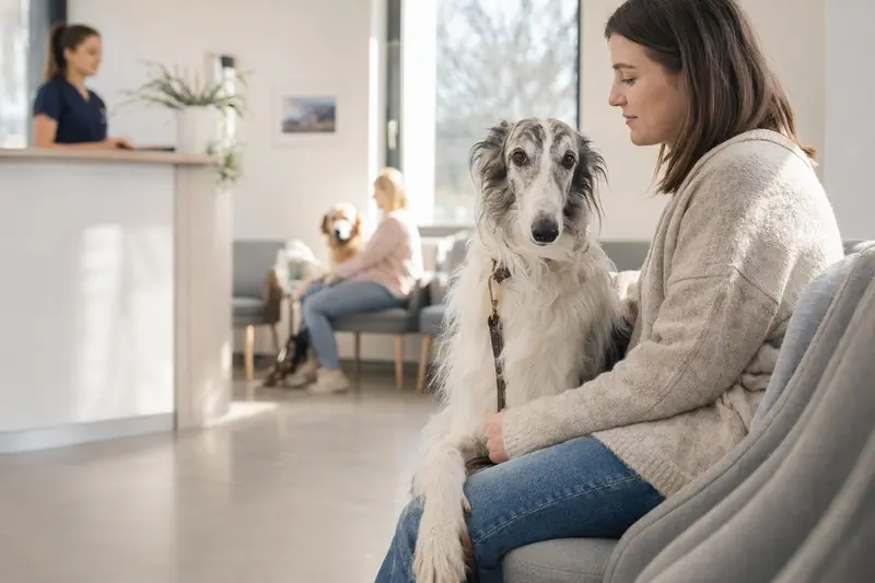 Ein Borzoi sitzt ruhig neben seinem Besitzer im hellen Wartezimmer einer modernen Tierarztpraxis.